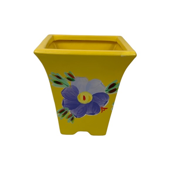 Hand Painted Teleflora Gift Flowers 6"Height 4 1/2" Square Yellow Vase - Picture 1 of 3